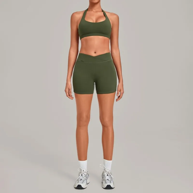 Sports Bra with High-Elastic Halter Neck Cross-Waist Fitness Shorts Yoga Wear Breathable Solid Set FGB5423+9721