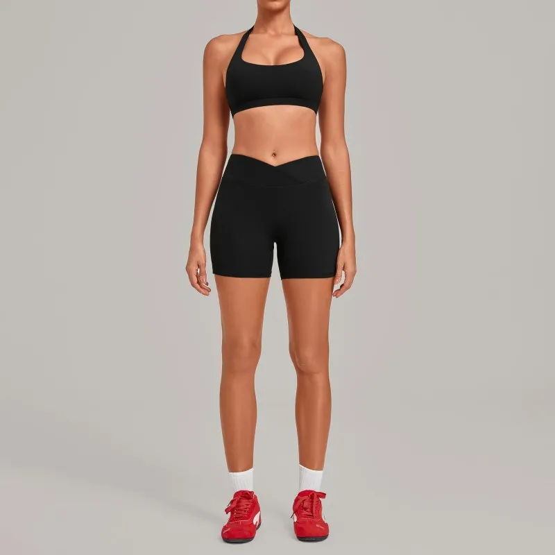 Sports Bra with High-Elastic Halter Neck Cross-Waist Fitness Shorts Yoga Wear Breathable Solid Set FGB5423+9721