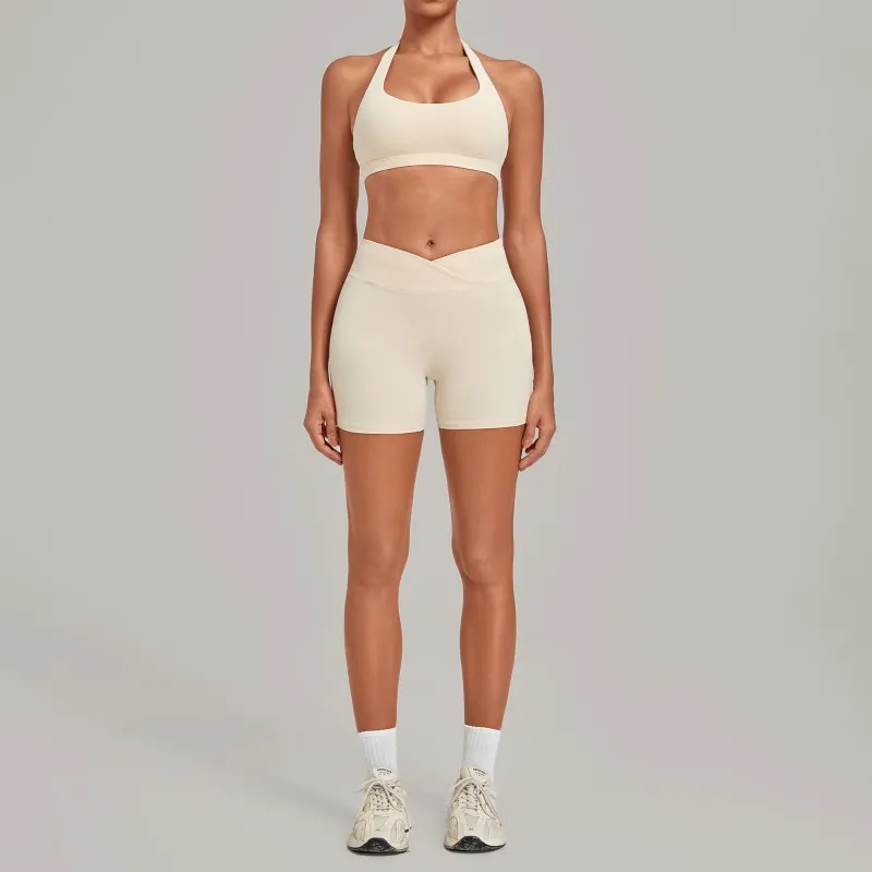 Sports Bra with High-Elastic Halter Neck Cross-Waist Fitness Shorts Yoga Wear Breathable Solid Set FGB5423+9721