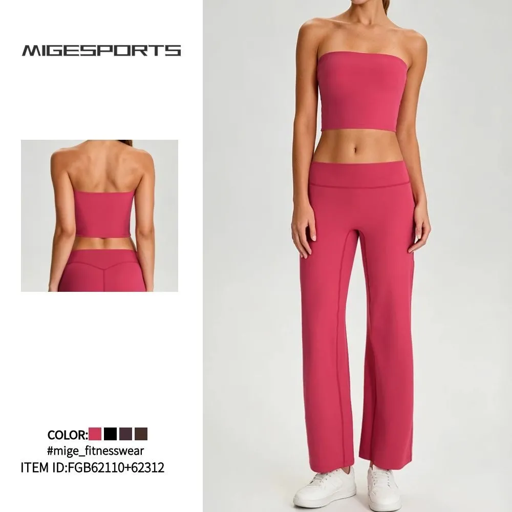 Women Two Piece Yoga Set, Padded Tube Top Cutout Back Fashion Athletic Outfit for Gym Running Workout FGB62110+62312