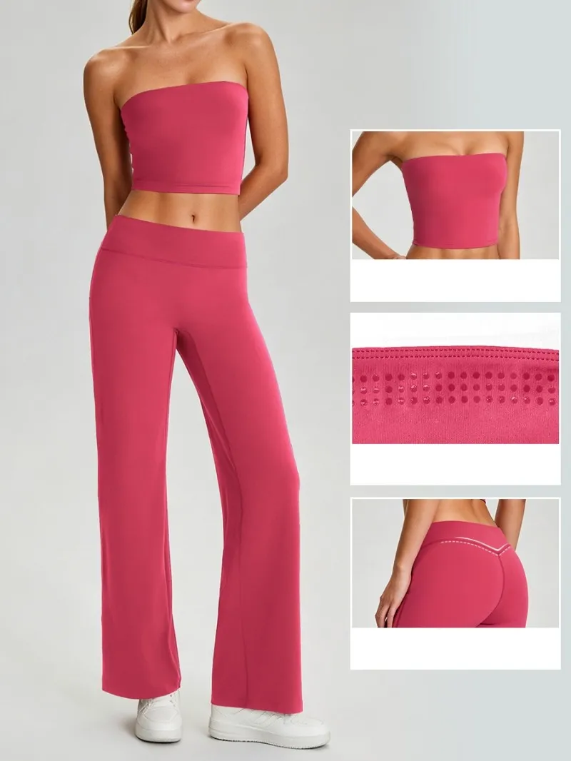 Women Two Piece Yoga Set, Padded Tube Top Cutout Back Fashion Athletic Outfit for Gym Running Workout FGB62110+62312