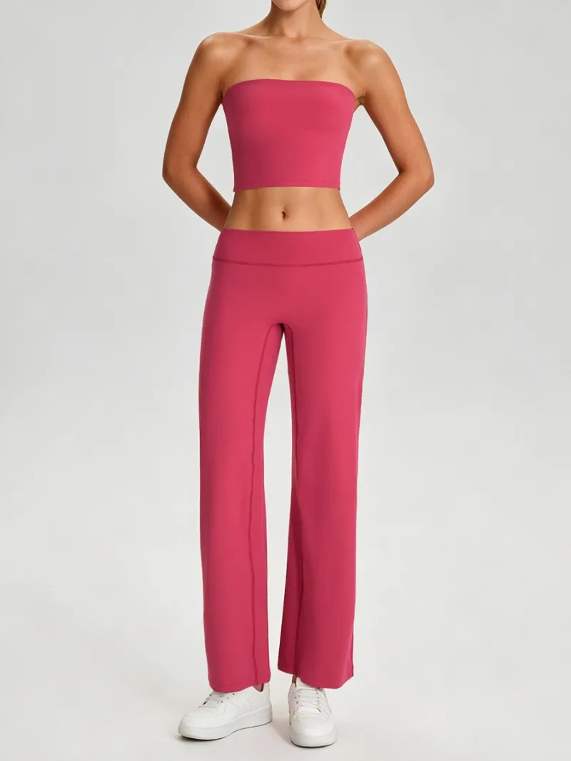 Women Two Piece Yoga Set, Padded Tube Top Cutout Back Fashion Athletic Outfit for Gym Running Workout FGB62110+62312