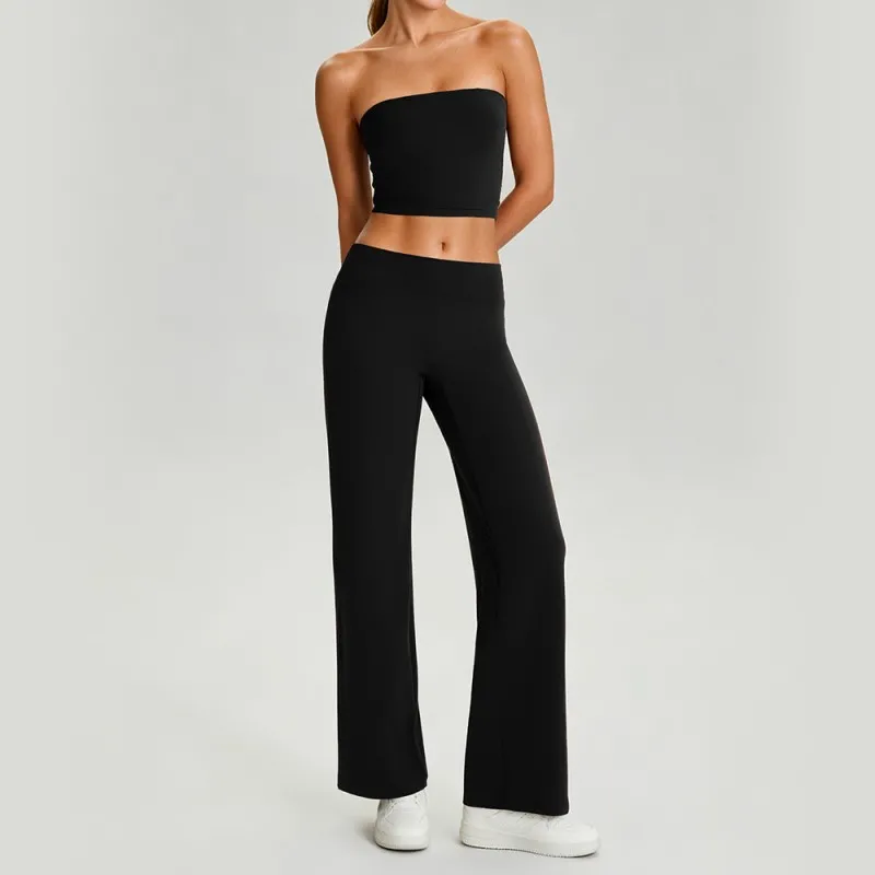 Women Two Piece Yoga Set, Padded Tube Top Cutout Back Fashion Athletic Outfit for Gym Running Workout FGB62110+62312
