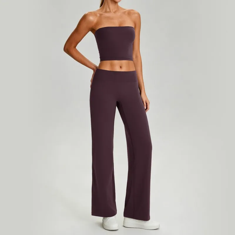 Women Two Piece Yoga Set, Padded Tube Top Cutout Back Fashion Athletic Outfit for Gym Running Workout FGB62110+62312