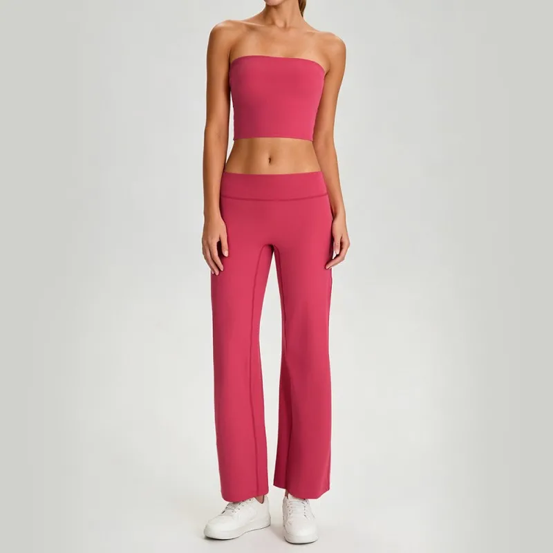 Women Two Piece Yoga Set, Padded Tube Top Cutout Back Fashion Athletic Outfit for Gym Running Workout FGB62110+62312