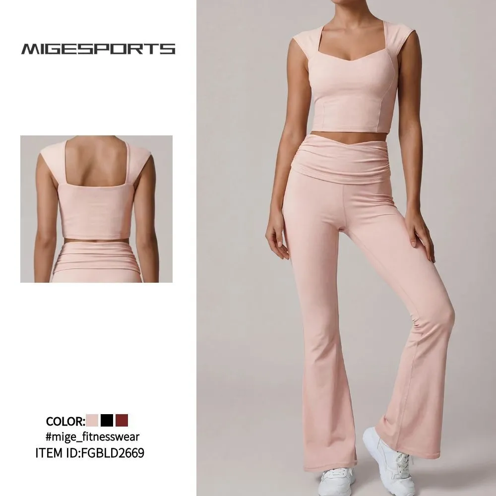 Women Quick Dry Yoga Flared Nylon Fitness Sets Pants Activewear Sets Sport Gym Yoga Wear Suit Set FGBLD2669
