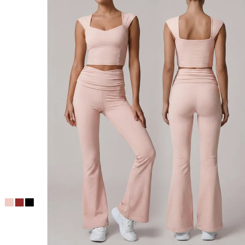 Women Quick Dry Yoga Flared Nylon Fitness Sets Pants Activewear Sets Sport Gym Yoga Wear Suit Set FGBLD2669