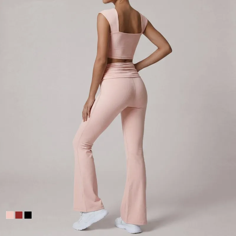 Women Quick Dry Yoga Flared Nylon Fitness Sets Pants Activewear Sets Sport Gym Yoga Wear Suit Set FGBLD2669