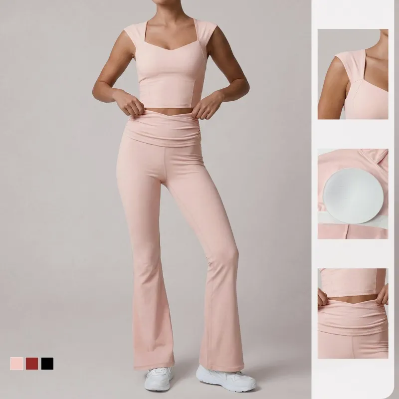 Women Quick Dry Yoga Flared Nylon Fitness Sets Pants Activewear Sets Sport Gym Yoga Wear Suit Set FGBLD2669