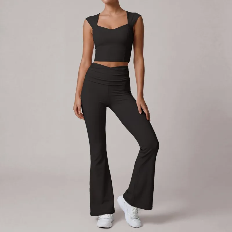 Women Quick Dry Yoga Flared Nylon Fitness Sets Pants Activewear Sets Sport Gym Yoga Wear Suit Set FGBLD2669