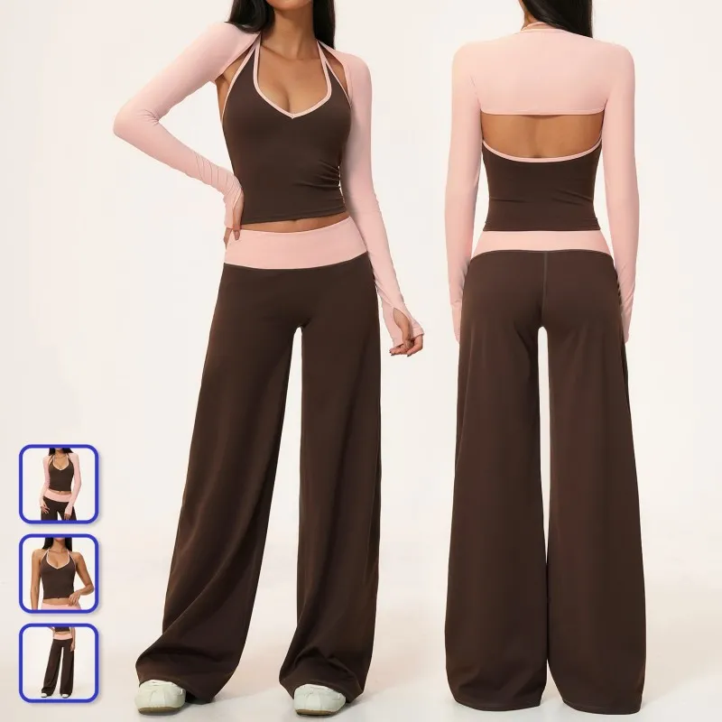 Women Yoga Set Breathable Sports Tank Top Elastic Gym Wide Leg Pants Soft Women Fitness Workout Activewear FGBTZ9639