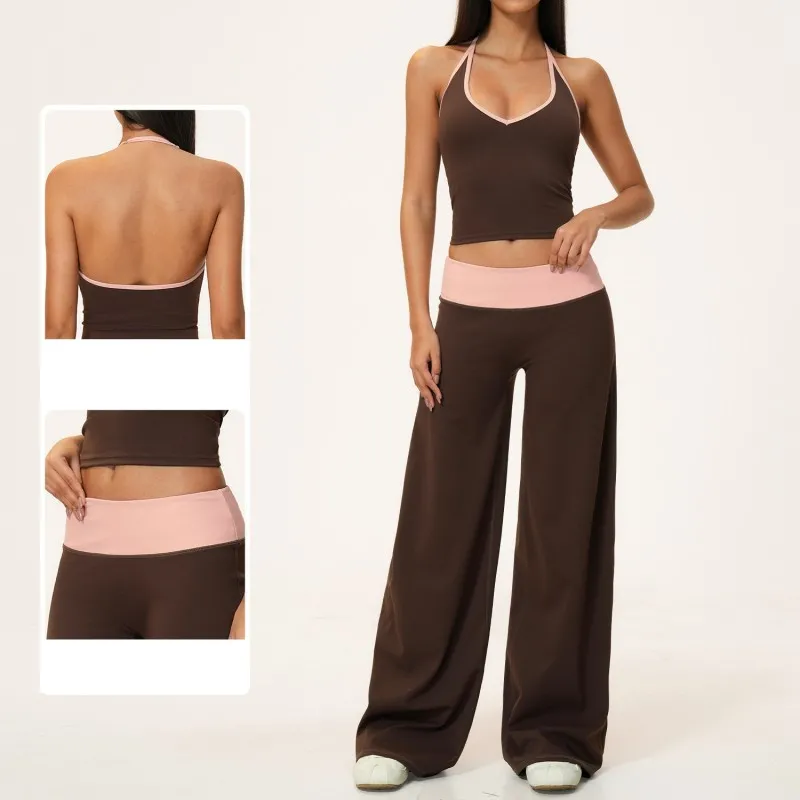 Women Yoga Set Breathable Sports Tank Top Elastic Gym Wide Leg Pants Soft Women Fitness Workout Activewear FGBTZ9639