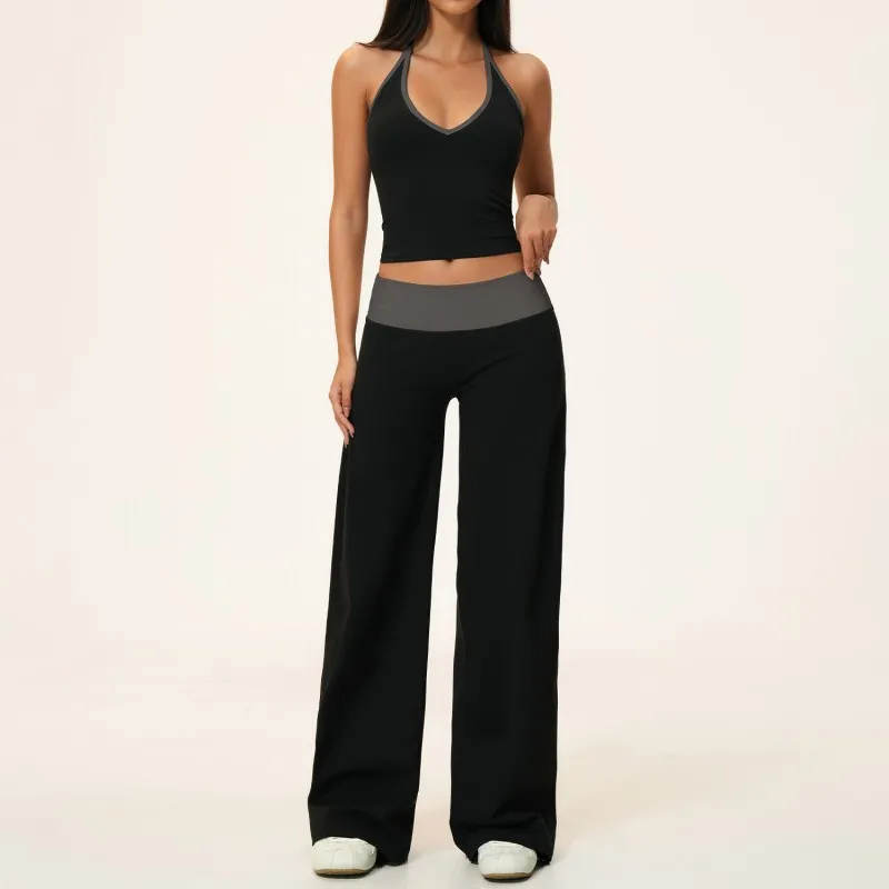 Women Yoga Set Breathable Sports Tank Top Elastic Gym Wide Leg Pants Soft Women Fitness Workout Activewear FGBTZ9639