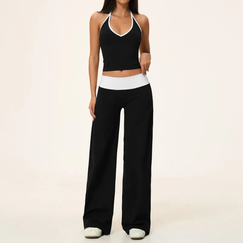 Women Yoga Set Breathable Sports Tank Top Elastic Gym Wide Leg Pants Soft Women Fitness Workout Activewear FGBTZ9639