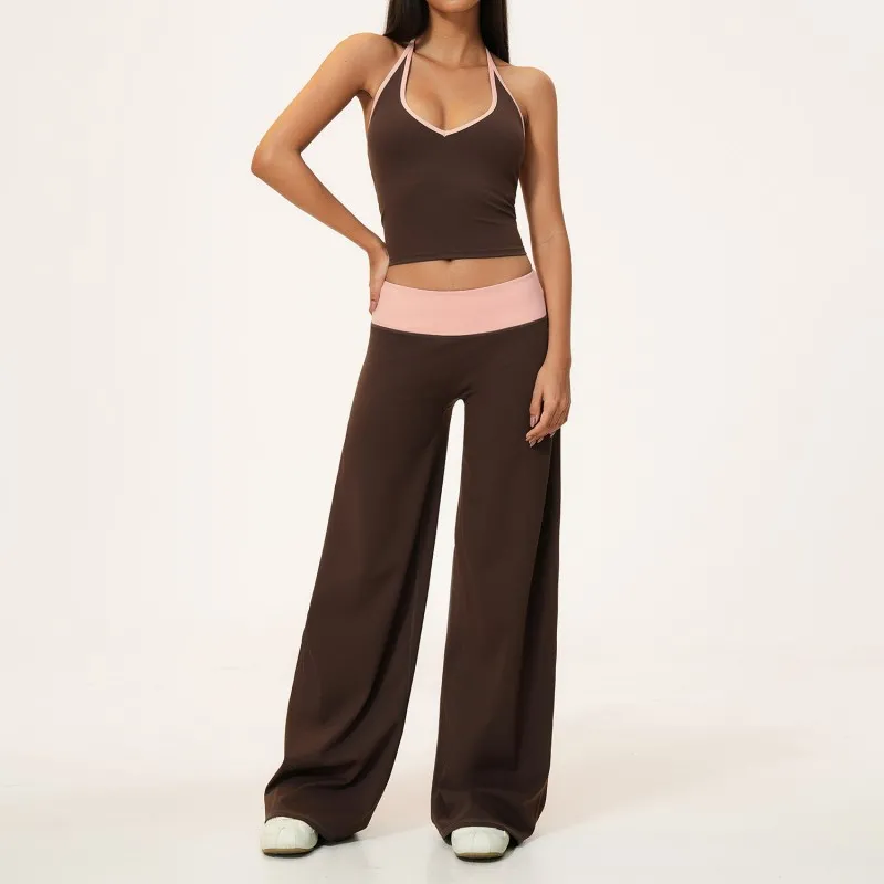 Women Yoga Set Breathable Sports Tank Top Elastic Gym Wide Leg Pants Soft Women Fitness Workout Activewear FGBTZ9639
