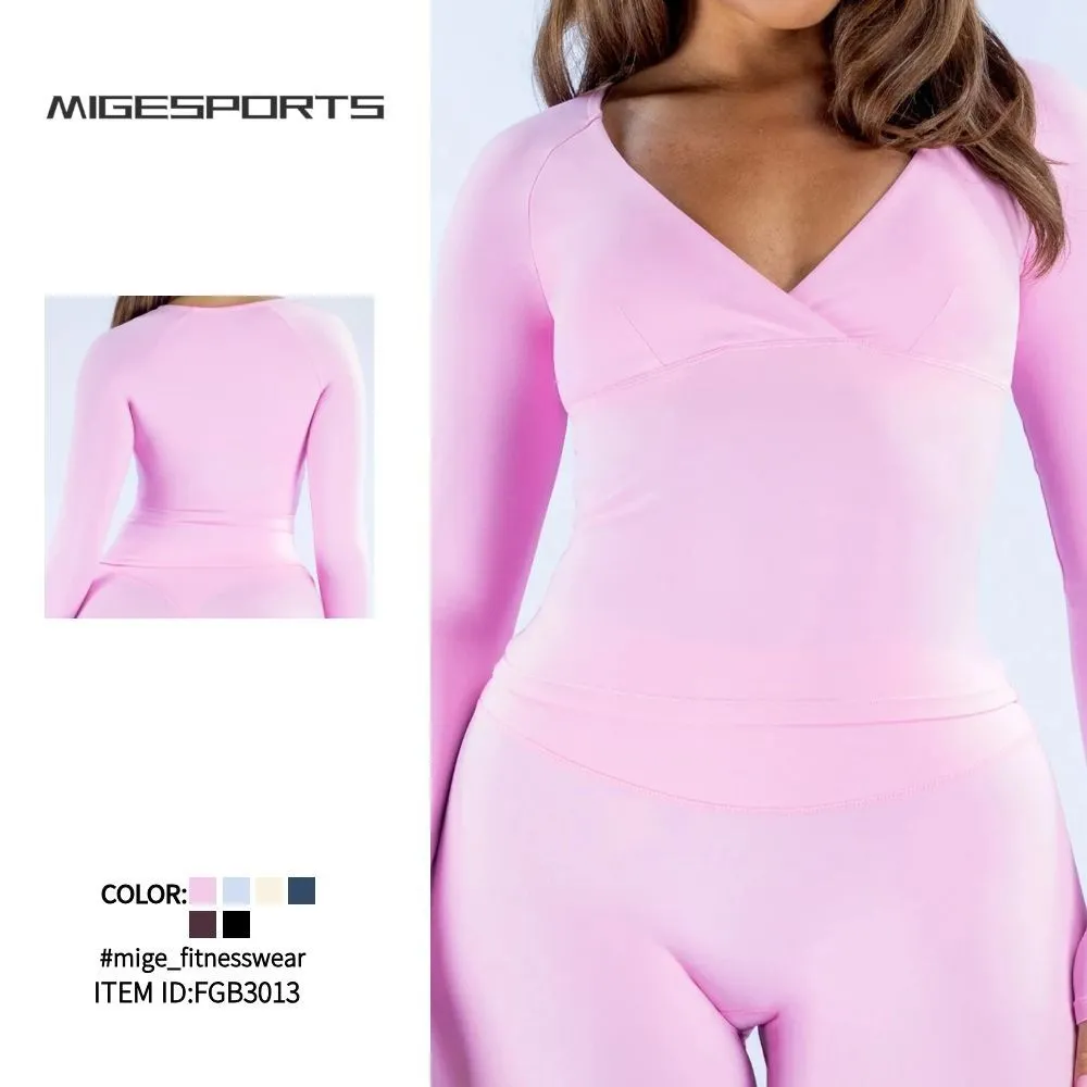 Deep V- Neck Casual Activewear Workout Shirt Pilates Women's Long Sleeve Top FGBRXW3013