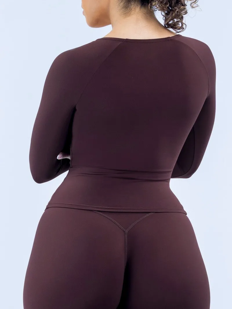 Deep V- Neck Casual Activewear Workout Shirt Pilates Women's Long Sleeve Top FGBRXW3013