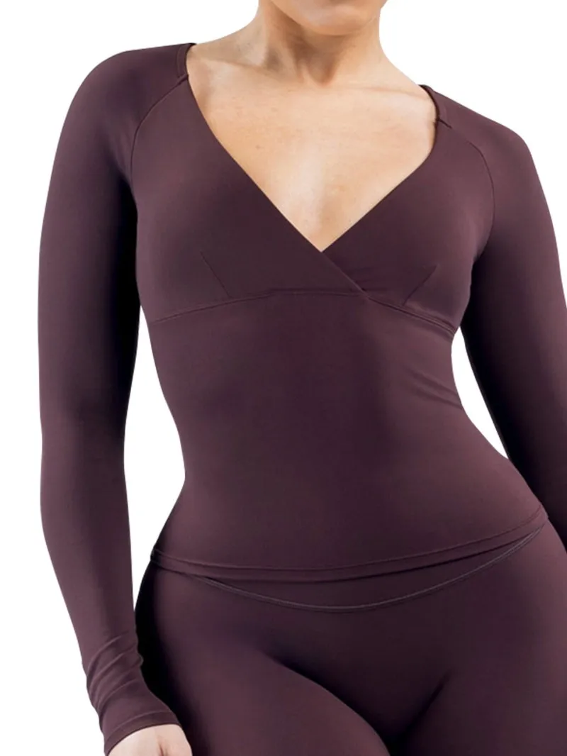 Deep V- Neck Casual Activewear Workout Shirt Pilates Women's Long Sleeve Top FGBRXW3013