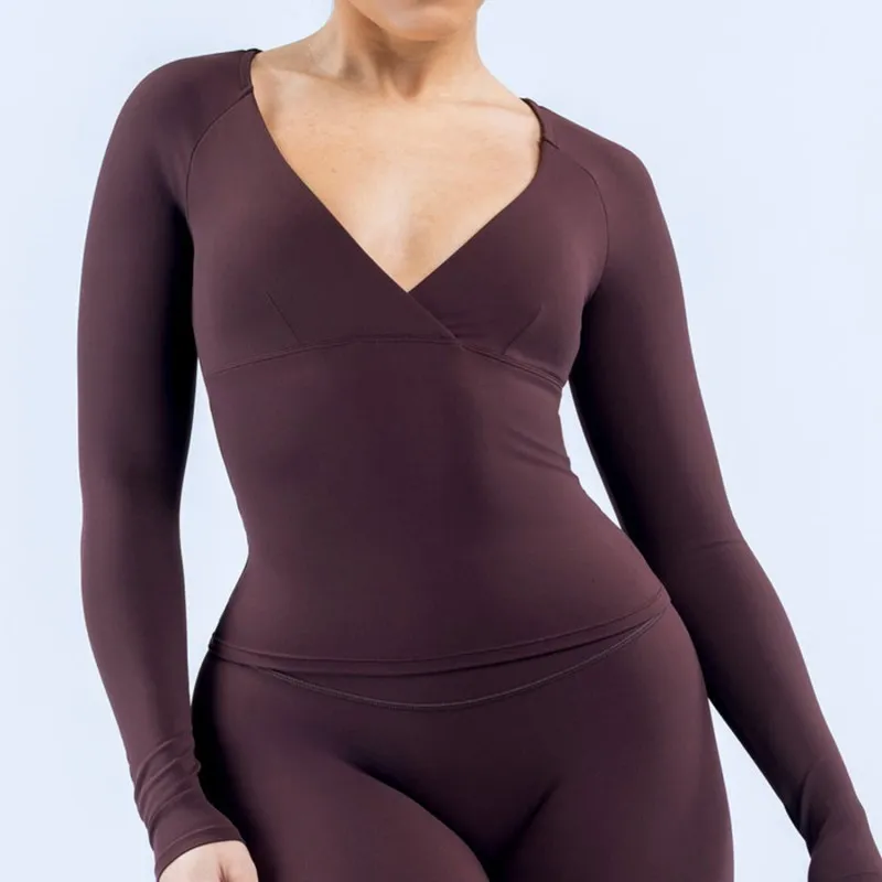 Deep V- Neck Casual Activewear Workout Shirt Pilates Women's Long Sleeve Top FGBRXW3013