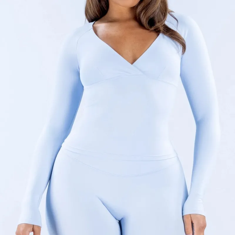 Deep V- Neck Casual Activewear Workout Shirt Pilates Women's Long Sleeve Top FGBRXW3013