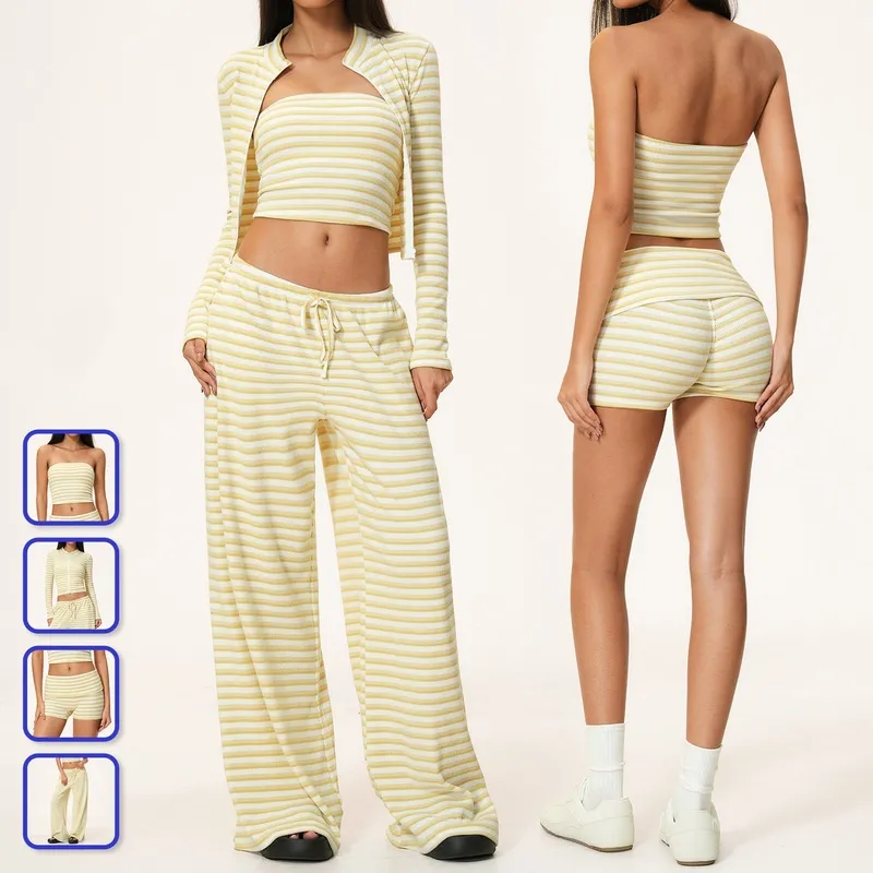 Fitness Set Women Contrasting-Color Striped 4-Piece Yoga Workout Set FGBTZ4556