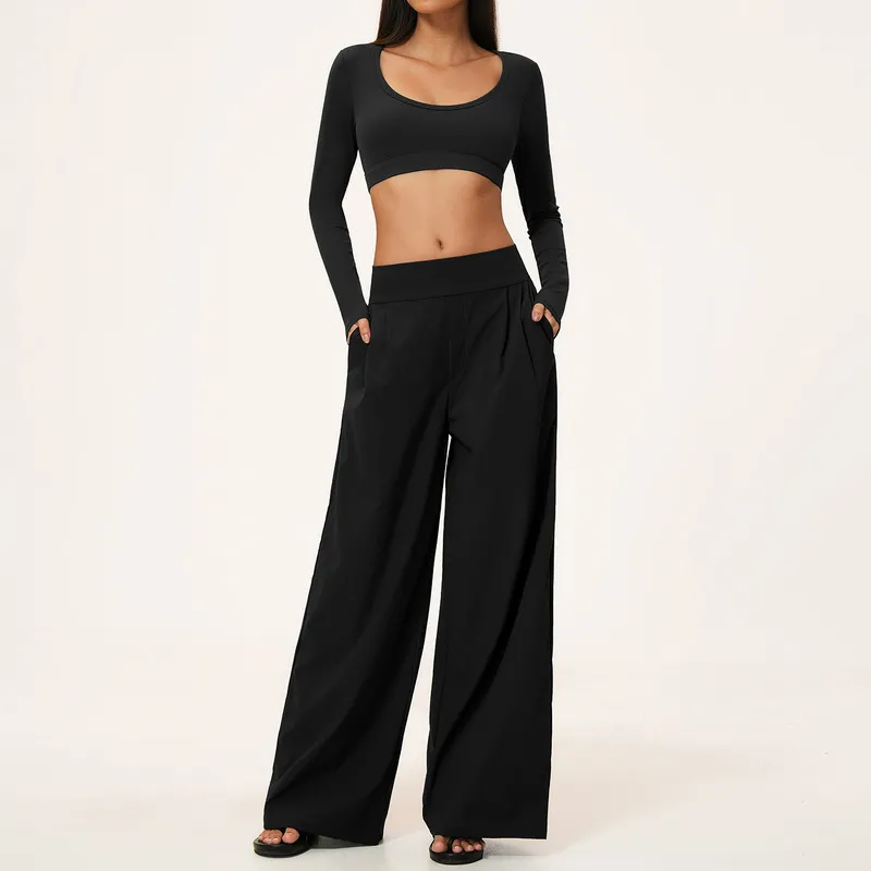 Black  long sleeves crop tops+pants-2
