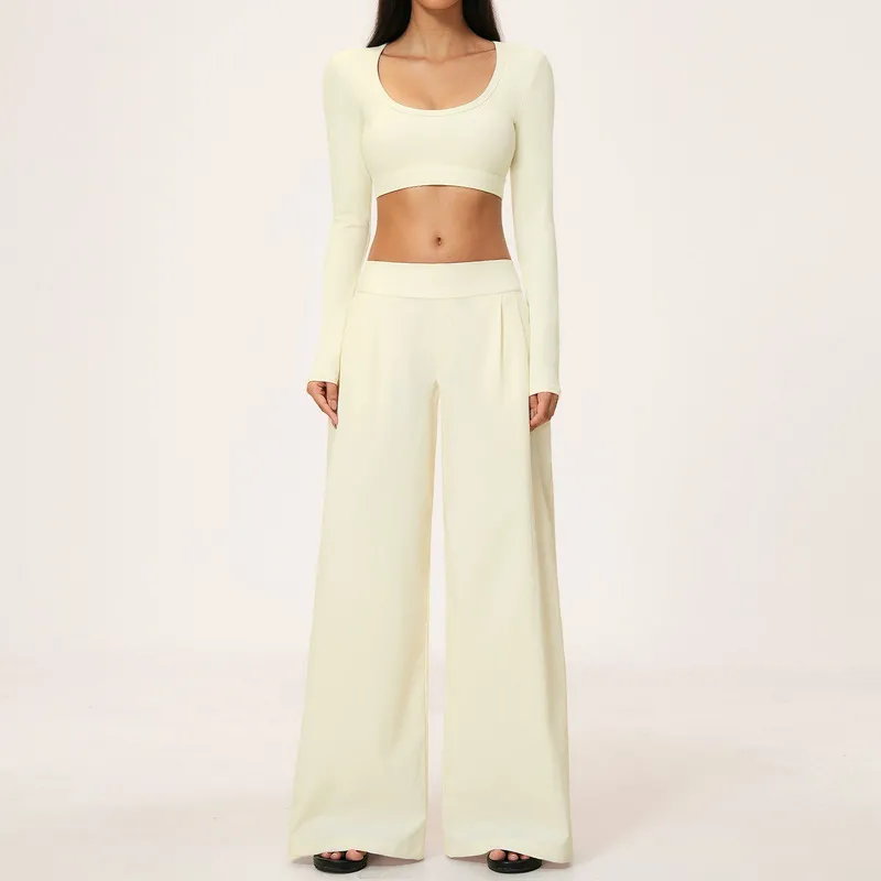 Cream long sleeves crop tops+pants-2