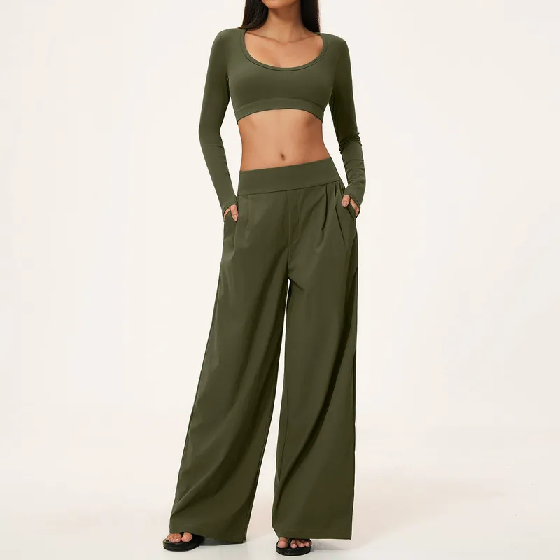 Olive long sleeves crop tops+pants-2