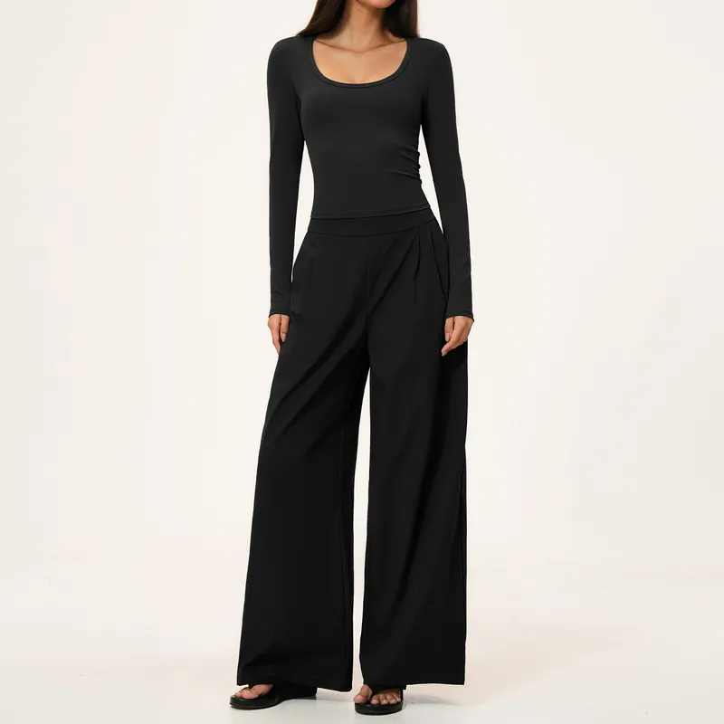 Black  long sleeves tops+pants-2