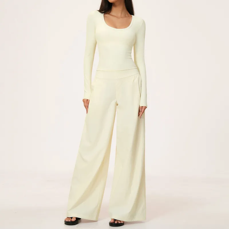 Cream long sleeves tops+pants-2