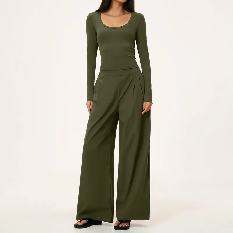 Olive long sleeves tops+pants-2