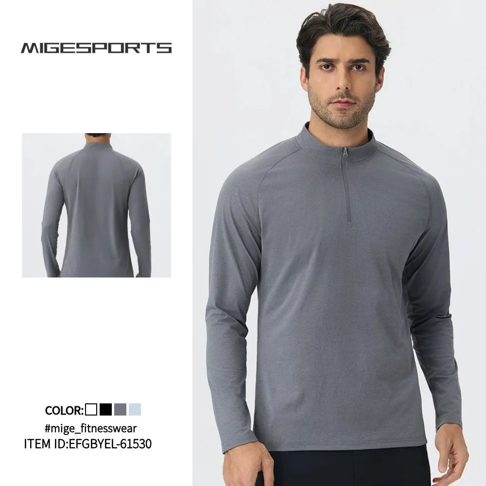 Men's Casual Long Sleeve Quick-drying Sports Running Pullover Half Zipper Solid Color EFGBYEL-61530