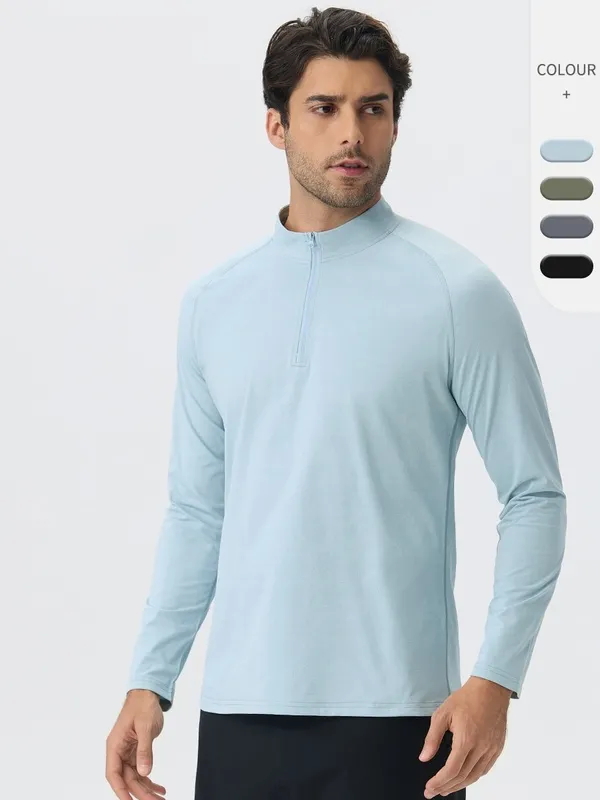 Men's Casual Long Sleeve Quick-drying Sports Running Pullover Half Zipper Solid Color EFGBYEL-61530