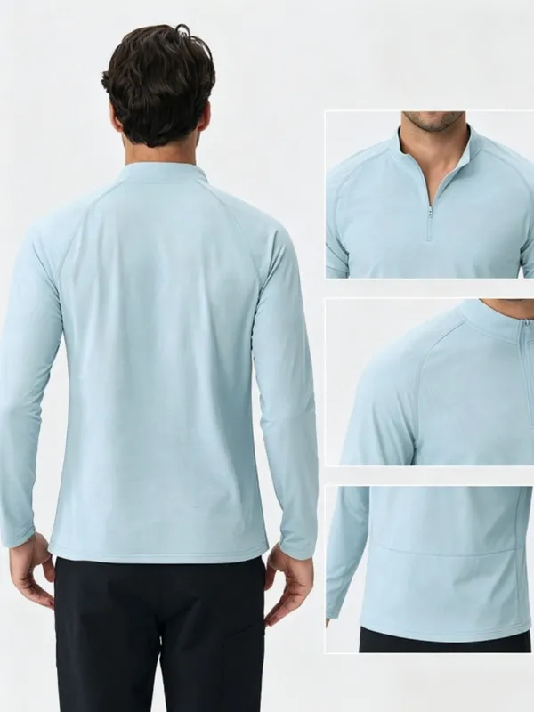 Men's Casual Long Sleeve Quick-drying Sports Running Pullover Half Zipper Solid Color EFGBYEL-61530