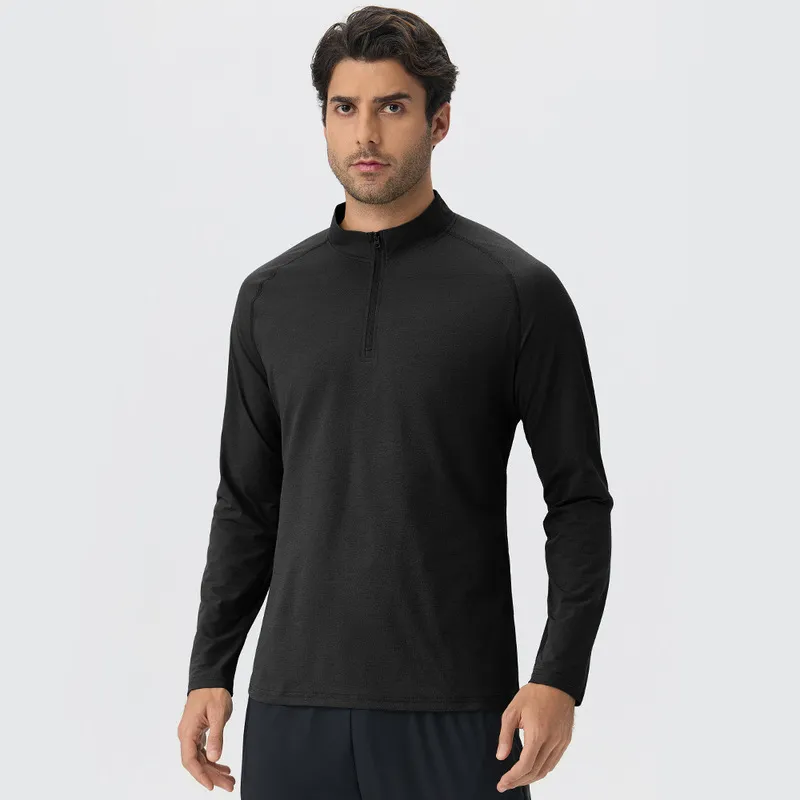Men's Casual Long Sleeve Quick-drying Sports Running Pullover Half Zipper Solid Color EFGBYEL-61530