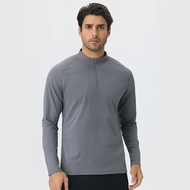 Men's Casual Long Sleeve Quick-drying Sports Running Pullover Half Zipper Solid Color EFGBYEL-61530
