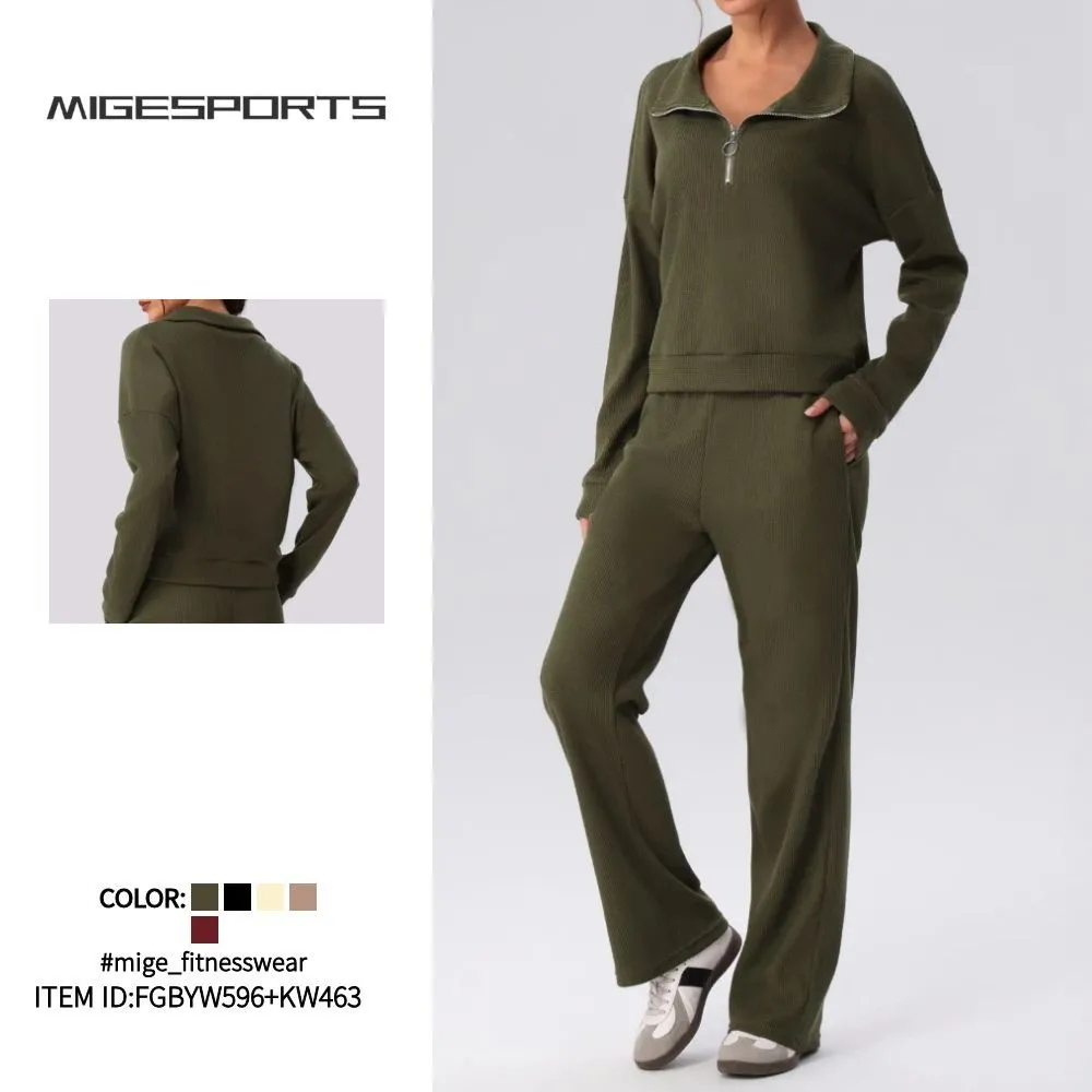 Loose Lady Sports Yoga Fitness Gym Workout Long Sleeves Tops and Pant Set for Women FGBYW596+KW463