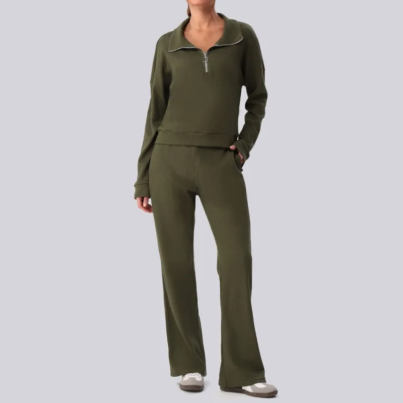 Army green long sleeves tops+pants