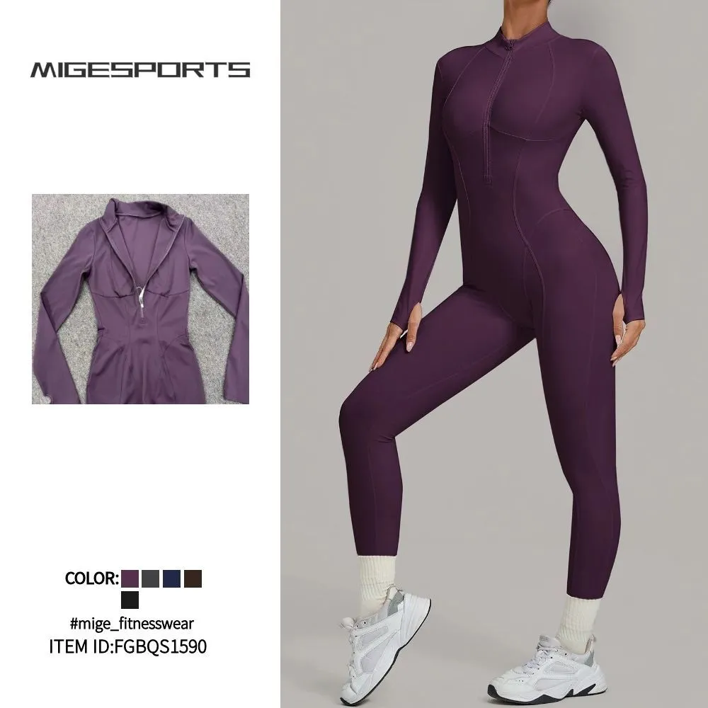 Women One Piece Bodysuit Workout Zip Yoga Fitness Wear Gym Tennis Jumpsuits FGBQS1590