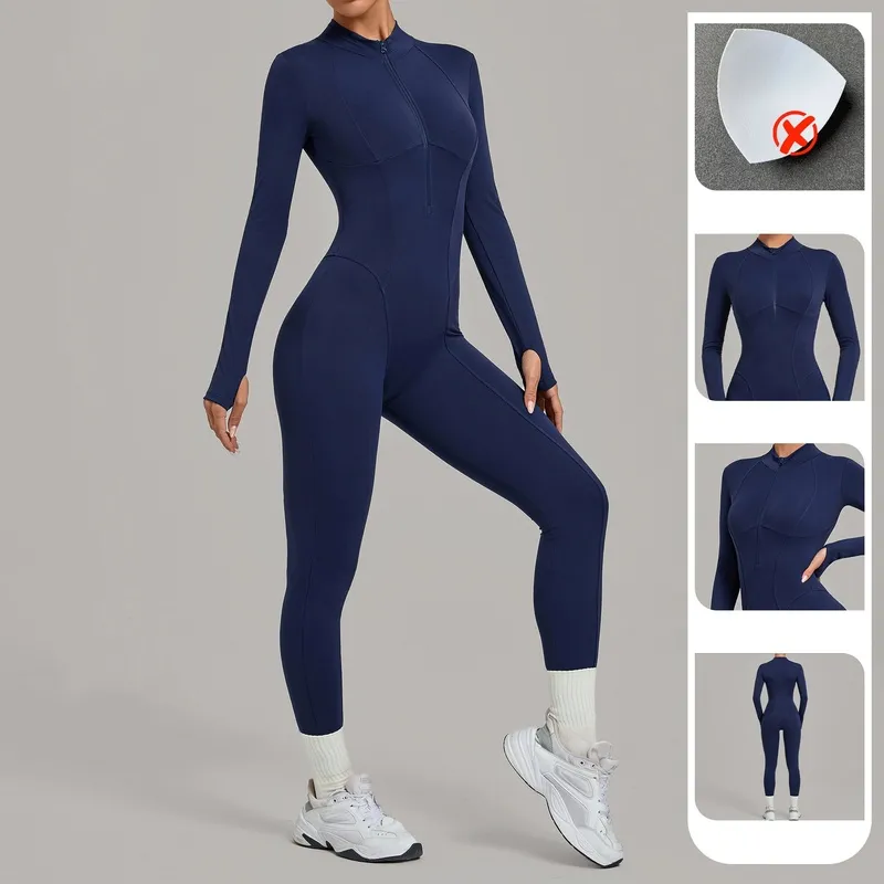 Women One Piece Bodysuit Workout Zip Yoga Fitness Wear Gym Tennis Jumpsuits FGBQS1590