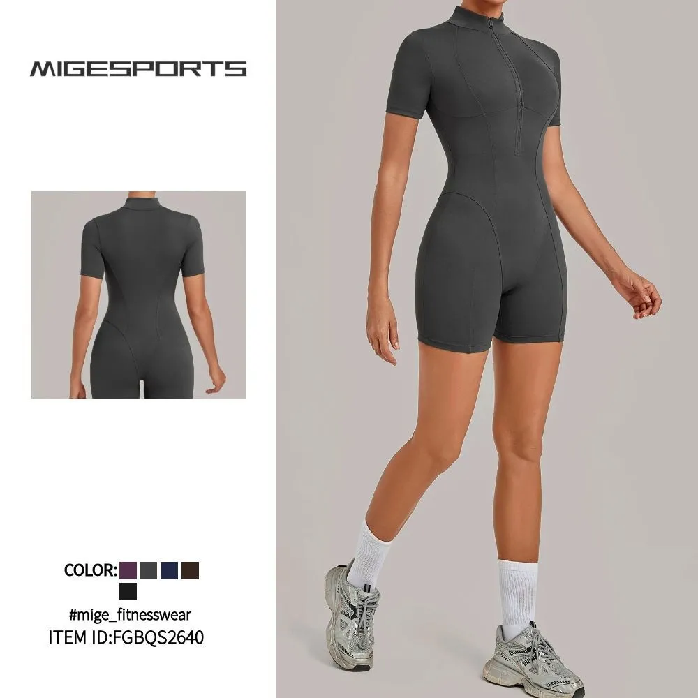 Women's Yoga One Piece Tummy Control Jumpsuit Short Sleeves Front Zipper Bodysuit Activewear FGBQS2640