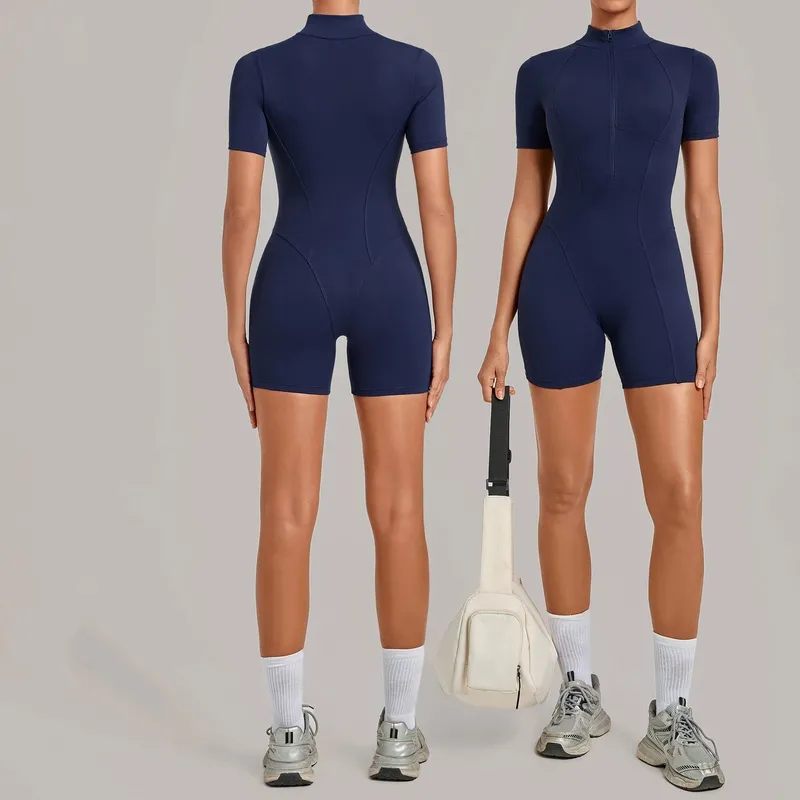 Women's Yoga One Piece Tummy Control Jumpsuit Short Sleeves Front Zipper Bodysuit Activewear FGBQS2640