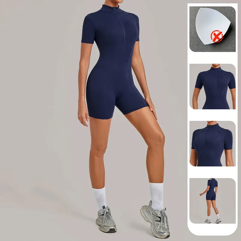 Women's Yoga One Piece Tummy Control Jumpsuit Short Sleeves Front Zipper Bodysuit Activewear FGBQS2640