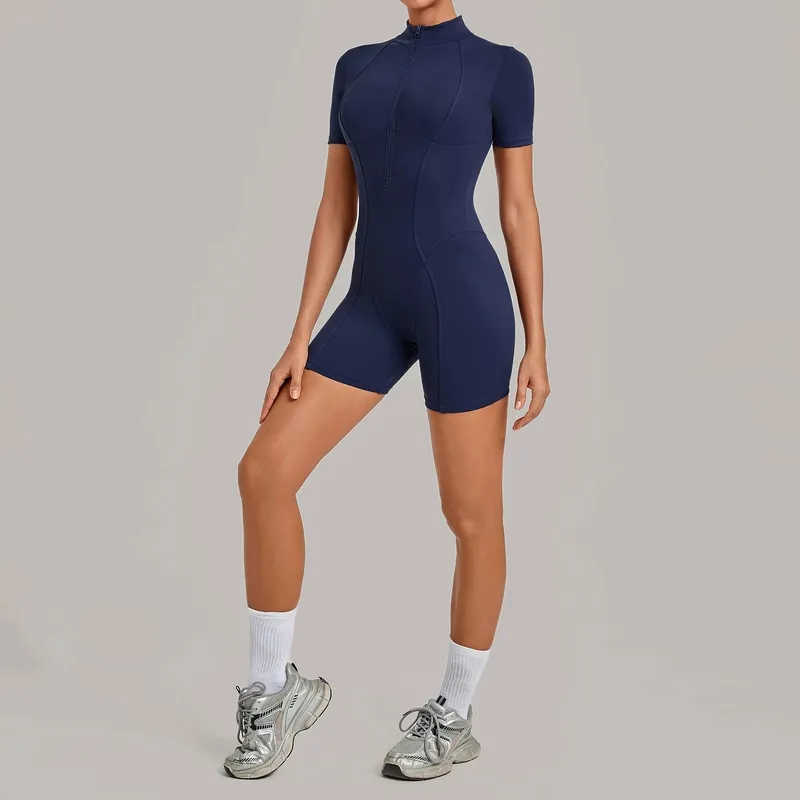 Women's Yoga One Piece Tummy Control Jumpsuit Short Sleeves Front Zipper Bodysuit Activewear FGBQS2640