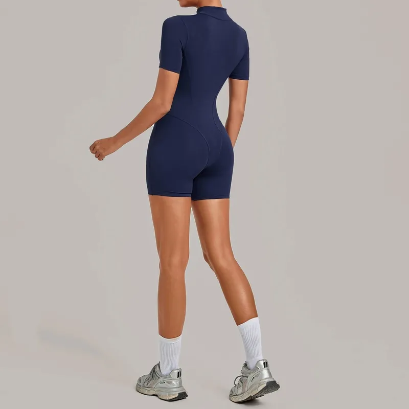 Women's Yoga One Piece Tummy Control Jumpsuit Short Sleeves Front Zipper Bodysuit Activewear FGBQS2640