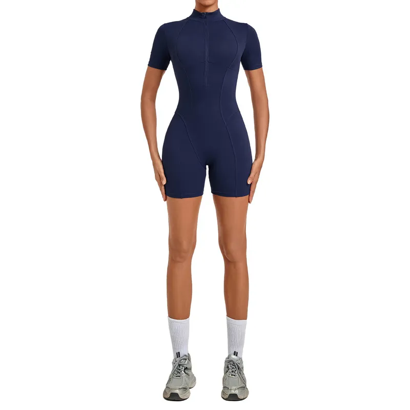 Women's Yoga One Piece Tummy Control Jumpsuit Short Sleeves Front Zipper Bodysuit Activewear FGBQS2640