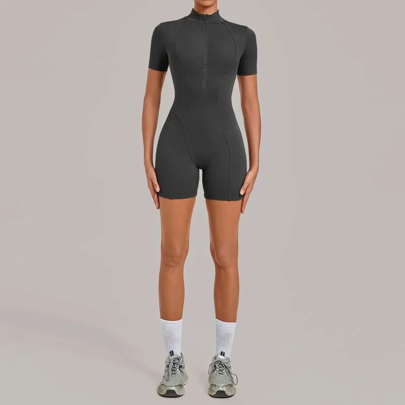 Women's Yoga One Piece Tummy Control Jumpsuit Short Sleeves Front Zipper Bodysuit Activewear FGBQS2640