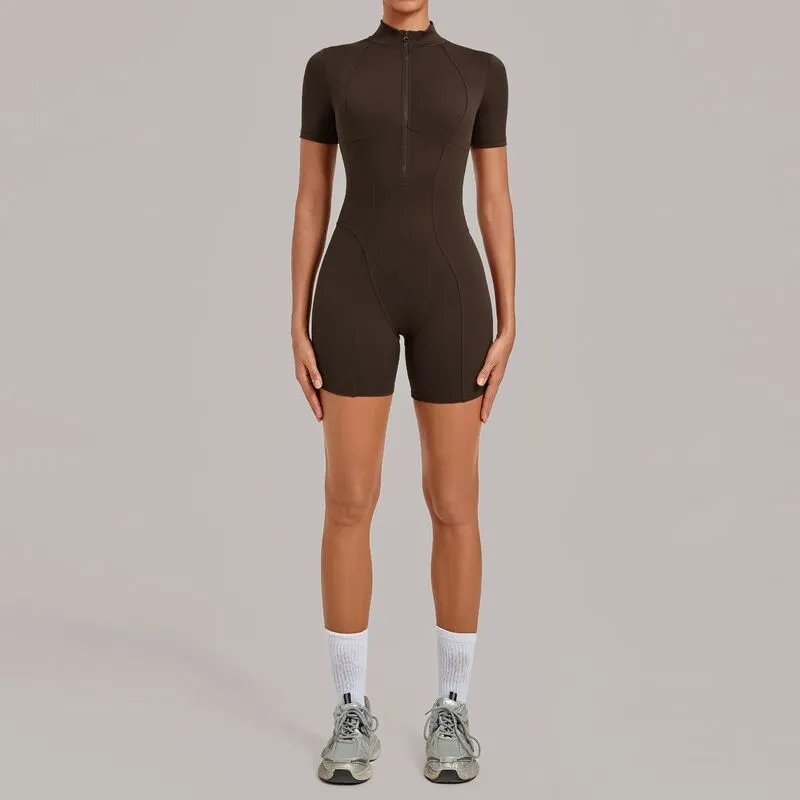 Women's Yoga One Piece Tummy Control Jumpsuit Short Sleeves Front Zipper Bodysuit Activewear FGBQS2640
