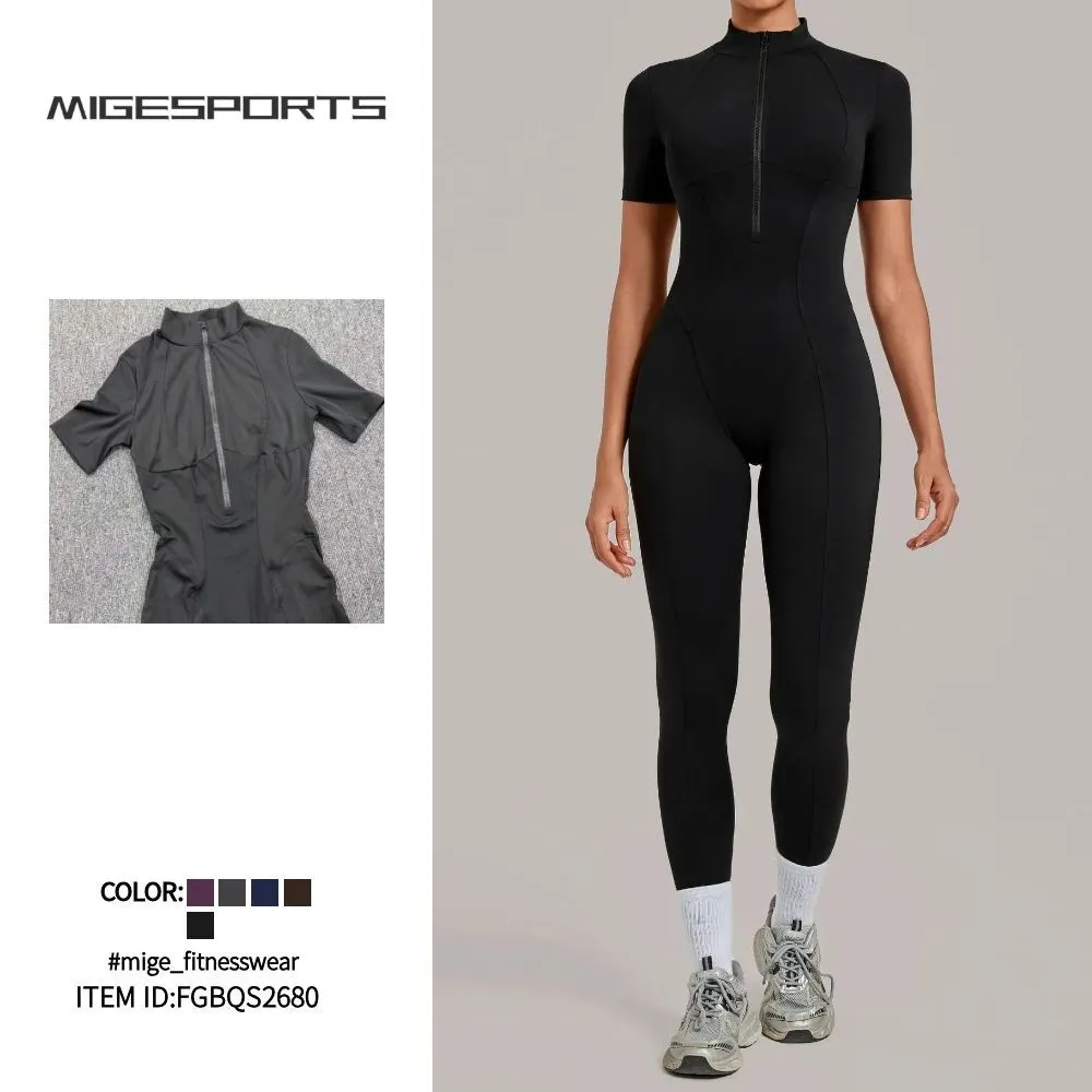 Gym One Piece Yoga Zipper Short Sleeve Fitness Jumpsuit for Women FGBQS2680