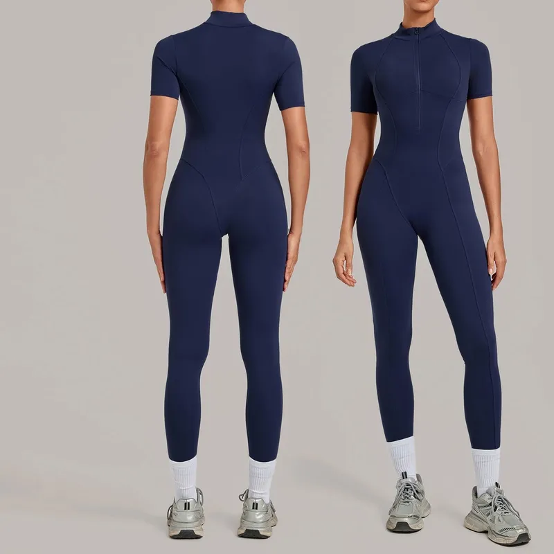 Gym One Piece Yoga Zipper Short Sleeve Fitness Jumpsuit for Women FGBQS2680